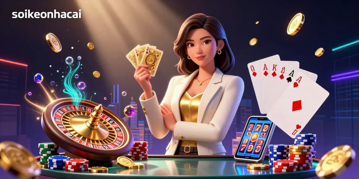 Engage in thrilling gameplay with soikeonhacai, featuring a sophisticated woman and dynamic casino elements.