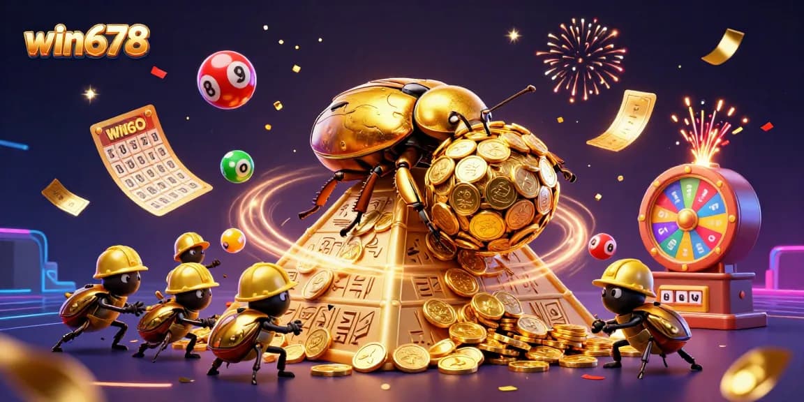 Experience win678 with a vibrant scene of a golden dung beetle and lottery elements in a casino-themed celebration.