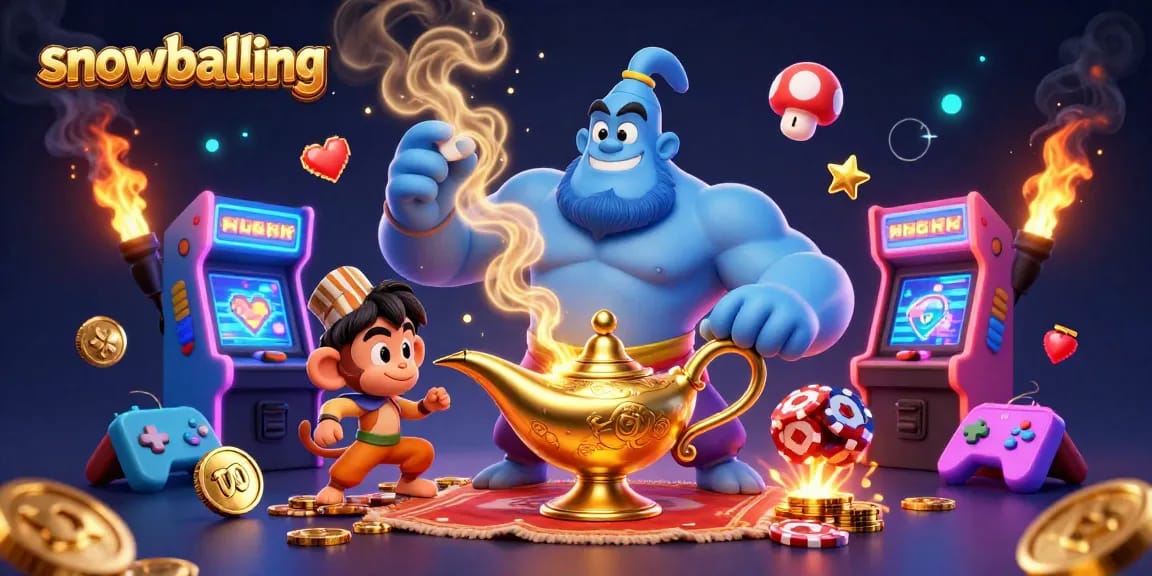 Engage with snowballing gameplay through a vibrant casino-themed illustration featuring a genie and poker chips.