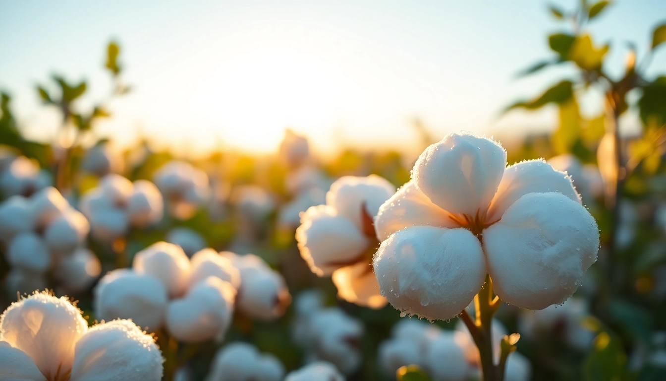 De katoenplant met prachtige bollen en glinsterende dauwdruppels in een katoenveld.