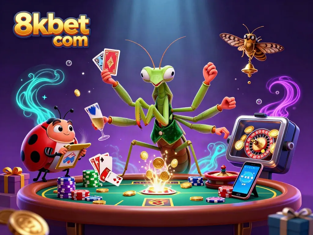 Engaging casino scene featuring vibrant 8xbet com branding with dynamic characters and game elements.