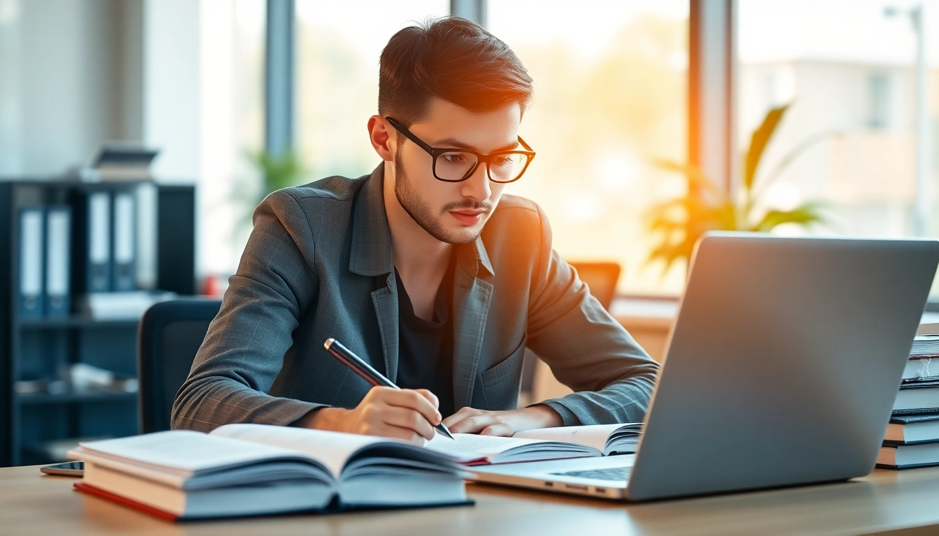 Engaged student studying for online exams help in a modern workspace.