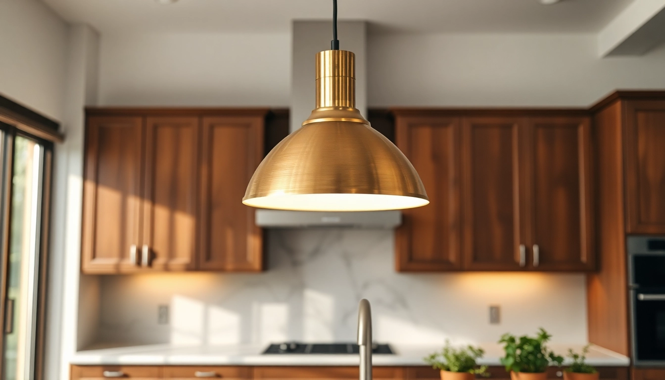 Bright island light fixture illuminating a modern kitchen space with warm wood tones.