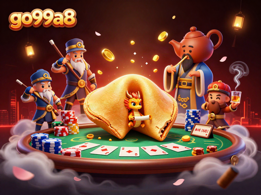 Experience go99a8's thrilling poker action with a giant fortune cookie scene, golden dragon and warriors.