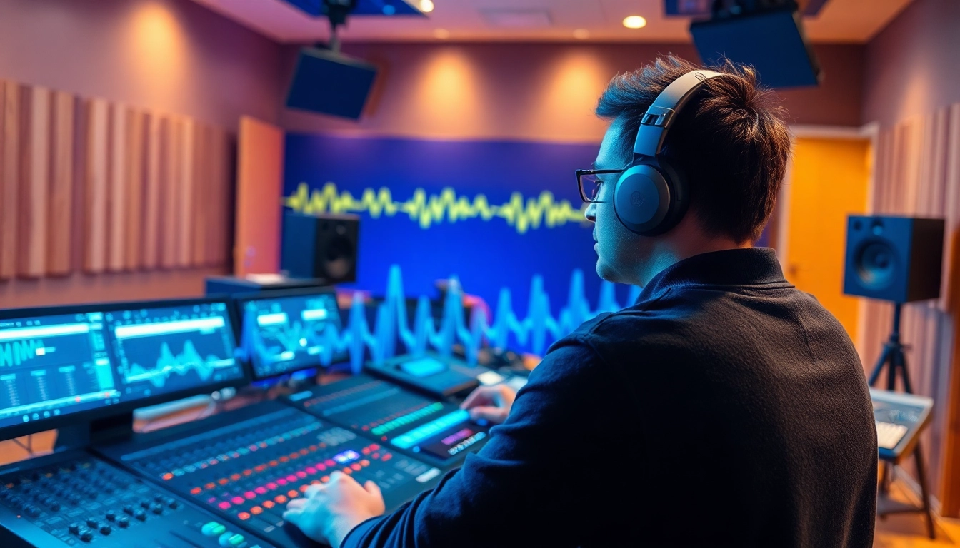 Promote online mastering services in a vibrant recording studio capturing the energetic essence of sound engineering.