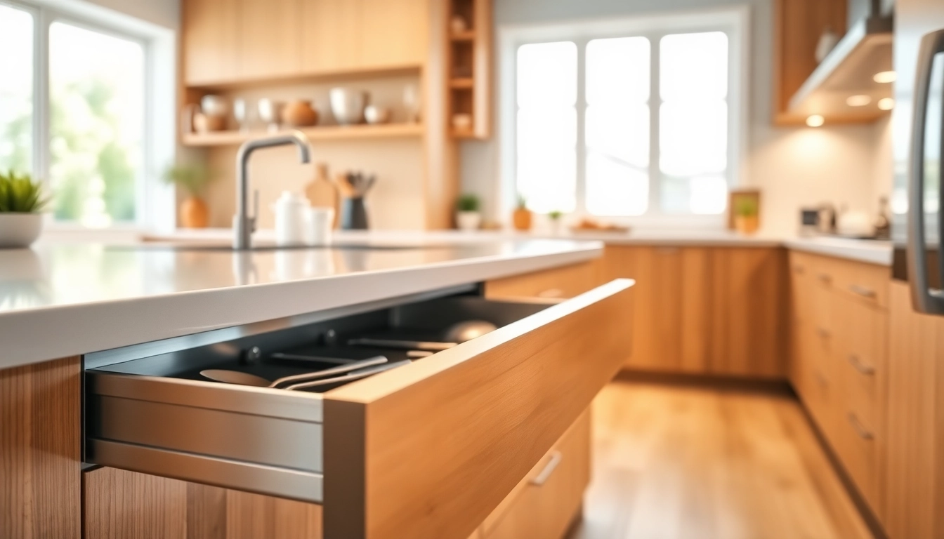 Metal Drawer System smoothly sliding open in a modern kitchen, showcasing organization and elegance.