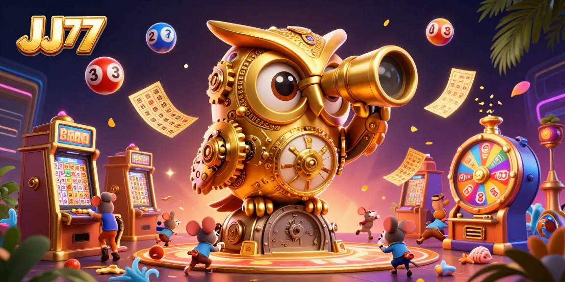 JJ77 offers an immersive casino experience with a golden owl overseeing vibrant gaming elements like lottery balls and slot machines.