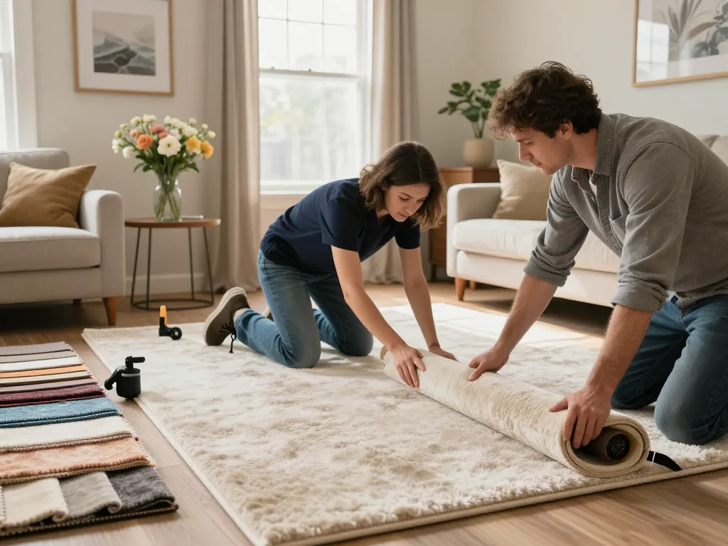 Residential carpet installation in a cozy living room, installer laying plush carpet with homeowner.