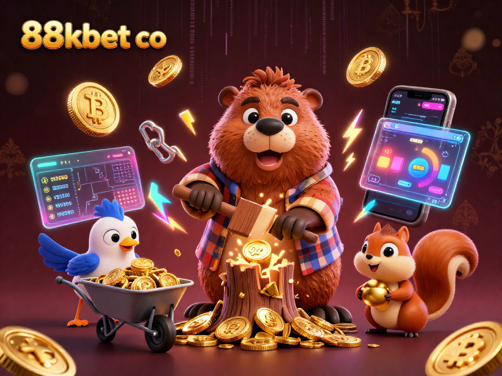 Experience thrilling gaming at 88kbet co with a vibrant scene of cartoon characters collecting rewards.