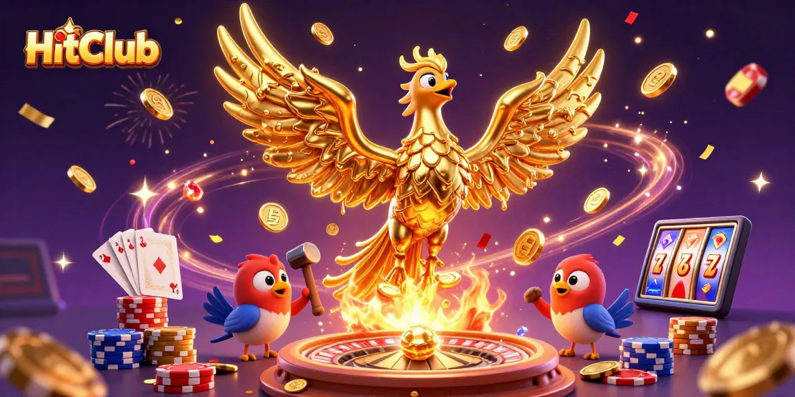 HitClub engages players with a golden phoenix and coins in a dynamic casino scene.