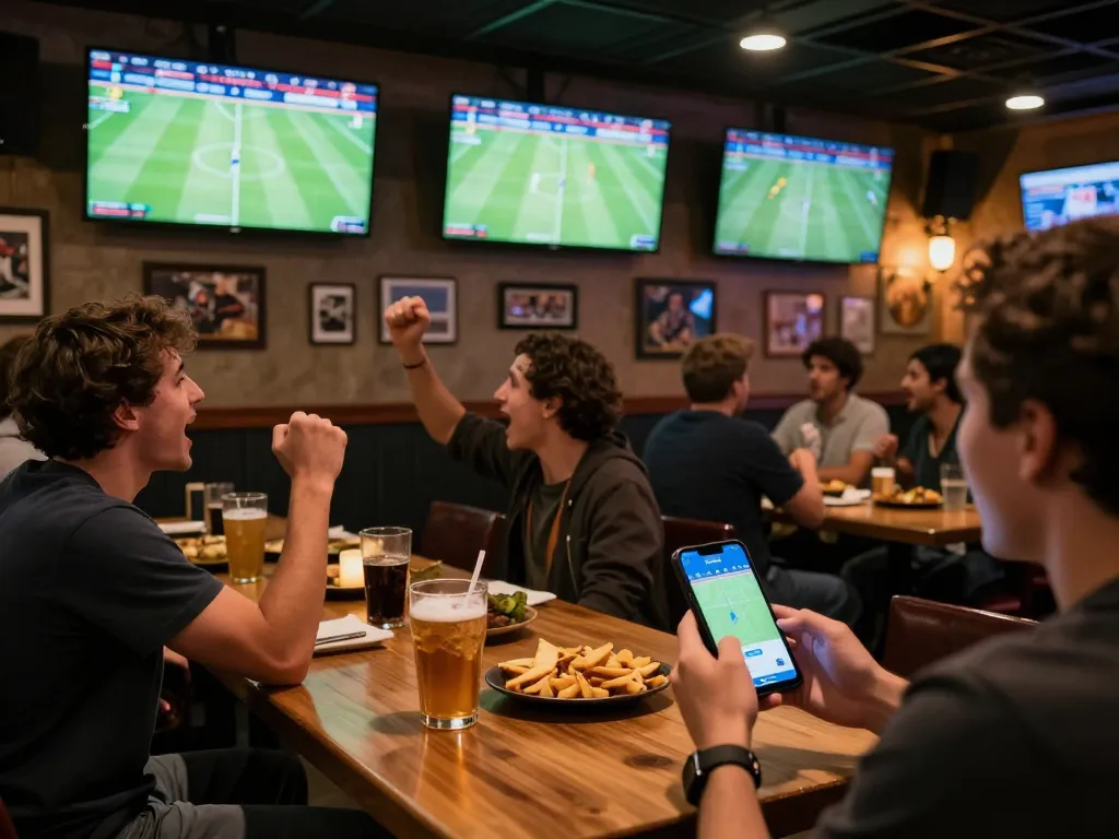 Socolive viewers cheering during a live football match at a vibrant sports bar.