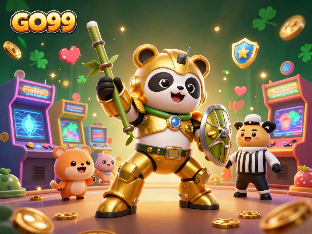 Engage with the GO99 casino experience in a vibrant arcade-themed illustration featuring an exciting mech-suit panda.