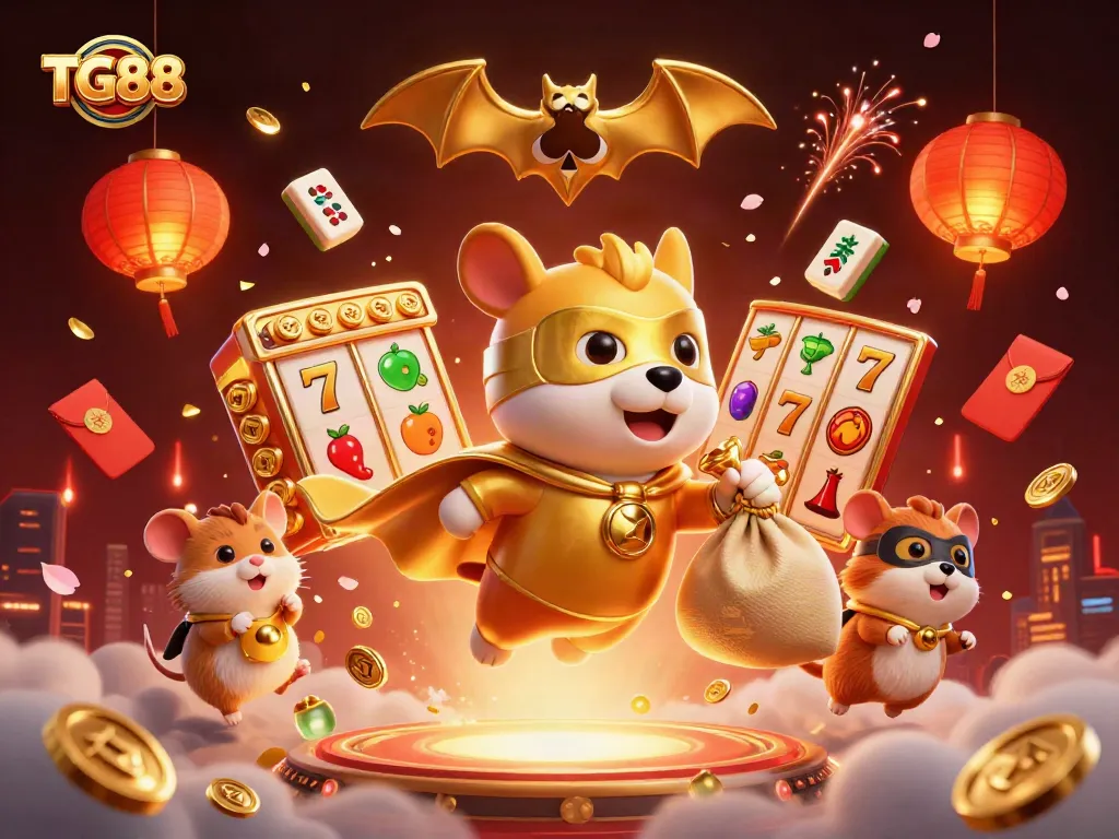 TG88 slots scene featuring a superhero dog and sidekick amidst vibrant 3D gaming elements.
