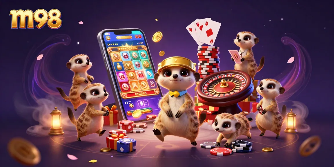 Win big at m98 with adorable meerkats operating a vibrant casino featuring slots and card games.