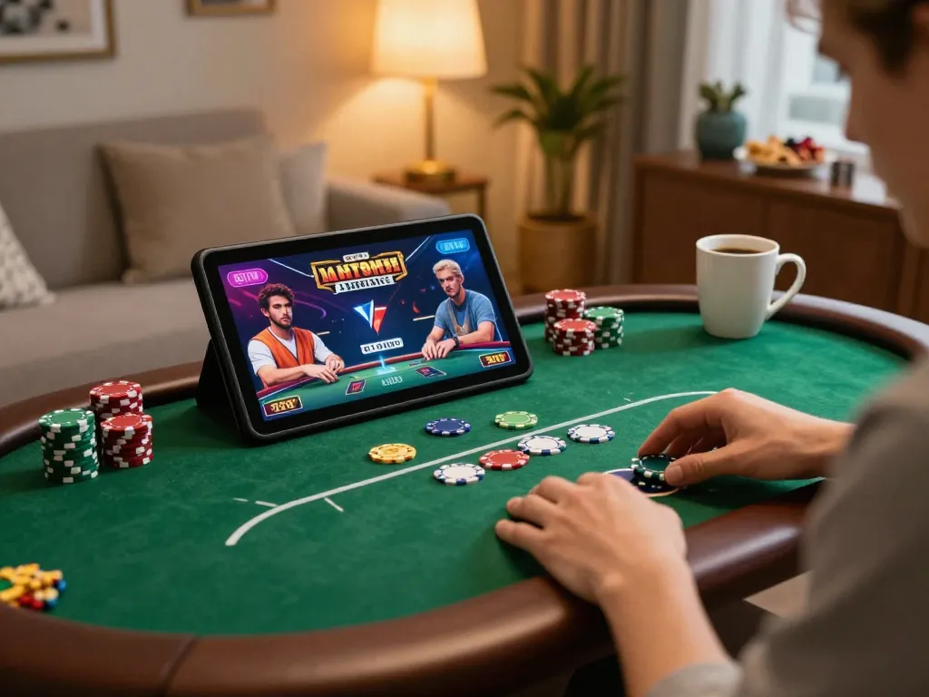 RR88 player enjoying poker strategy on a tablet in cozy home setting.