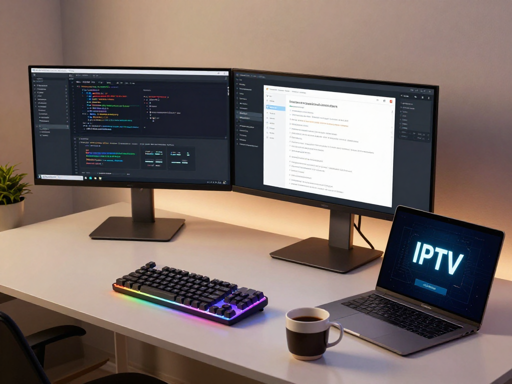Iptv reseller platform interface on modern tech devices, showcasing cloud computing solutions and user-friendly dashboards.