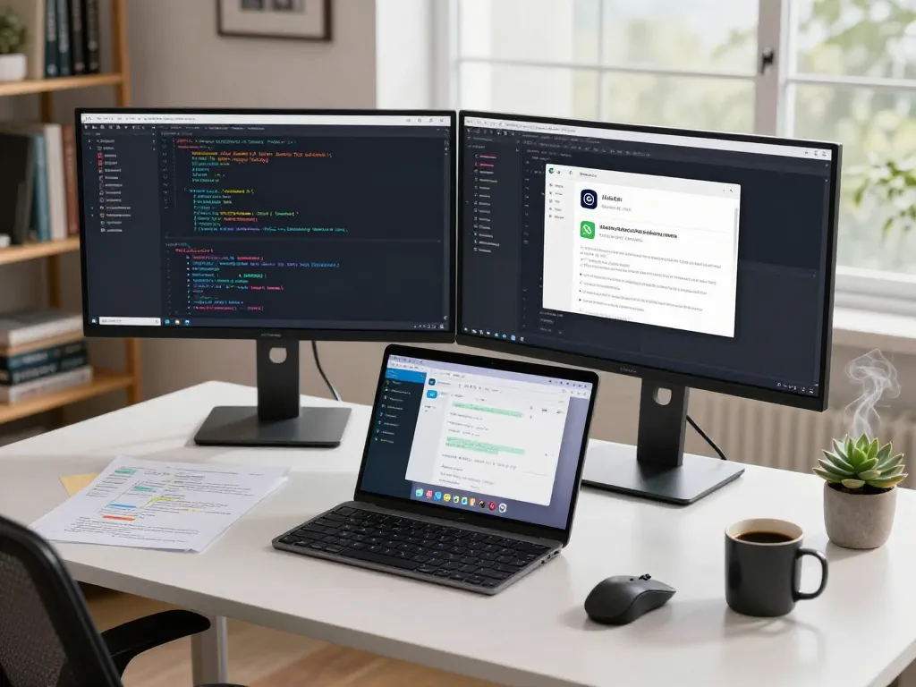 MoltBot AI enhances productivity in a modern workspace, showcasing coding and task automation across chat platforms.