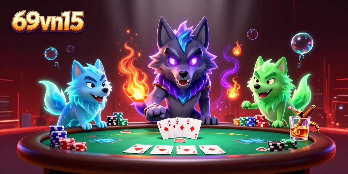 Experience the thrill of gambling at 69vn15 as vibrant wolves illuminate a high-stakes poker scene.