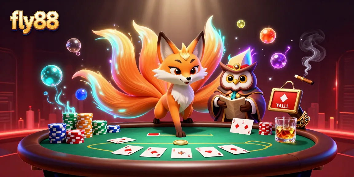 Experience excitement with fly88: an animated scene of colorful characters and poker elements.
