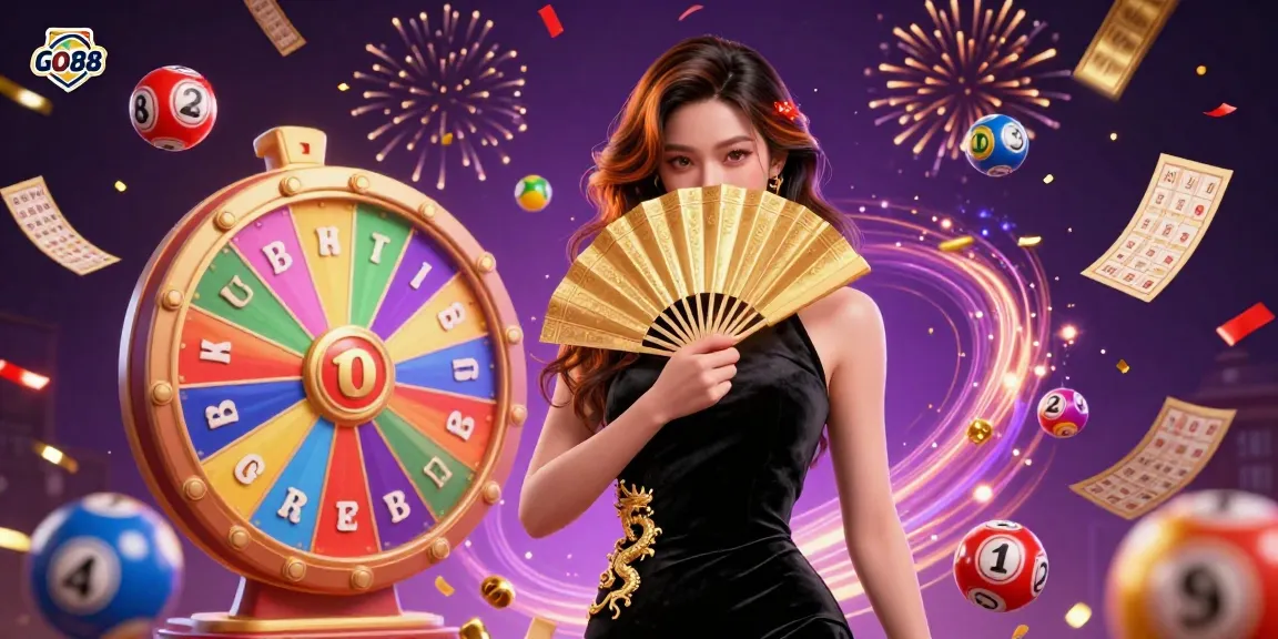 Experience the thrill of GO88 with a captivating Asian woman amidst dynamic gaming elements.