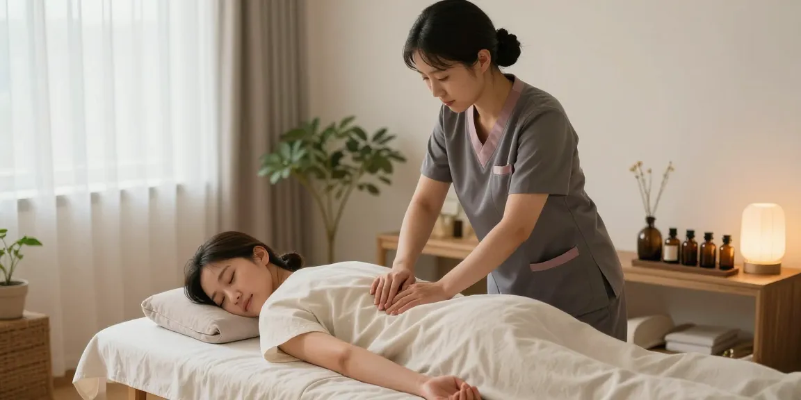 Relaxing 구월동출장마사지 session in a serene home environment with soft lighting and essential oils.