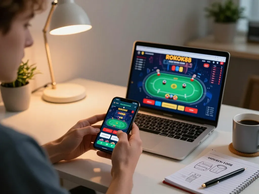 Player using the ROKOK88 app for an immersive mobile gambling experience at home