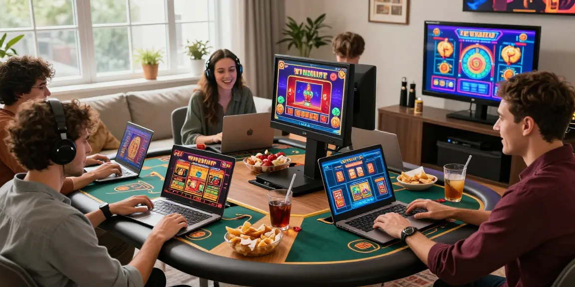 Excited players at a digital casino on https://chps.org.uk enjoying various games in a vibrant home setting.