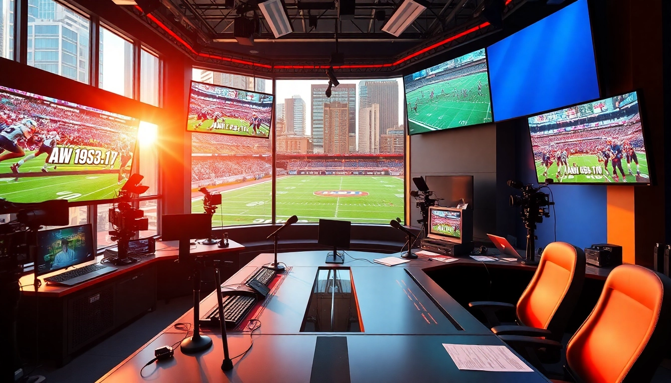 Engaging scene of sports broadcasting showcasing a professional studio with vibrant energy.