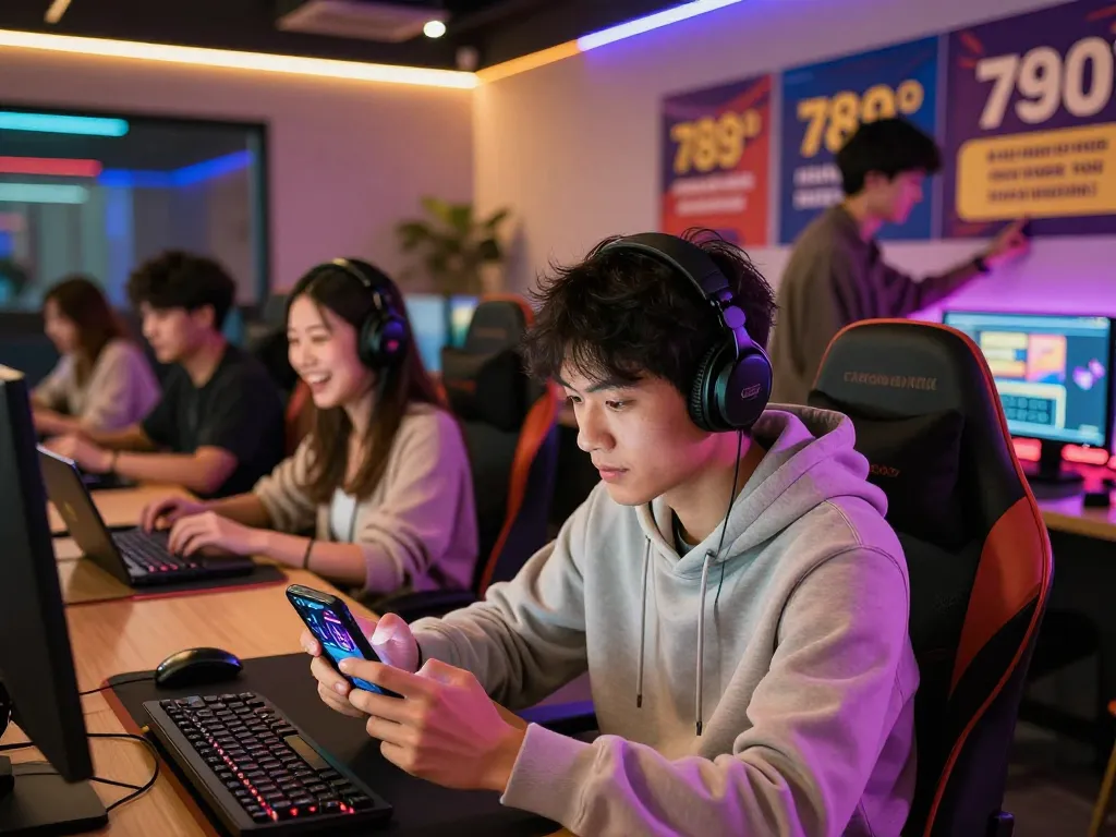 Exciting gaming lounge scene highlighting players using the 789club app, capturing vibrant interactions and promotions.