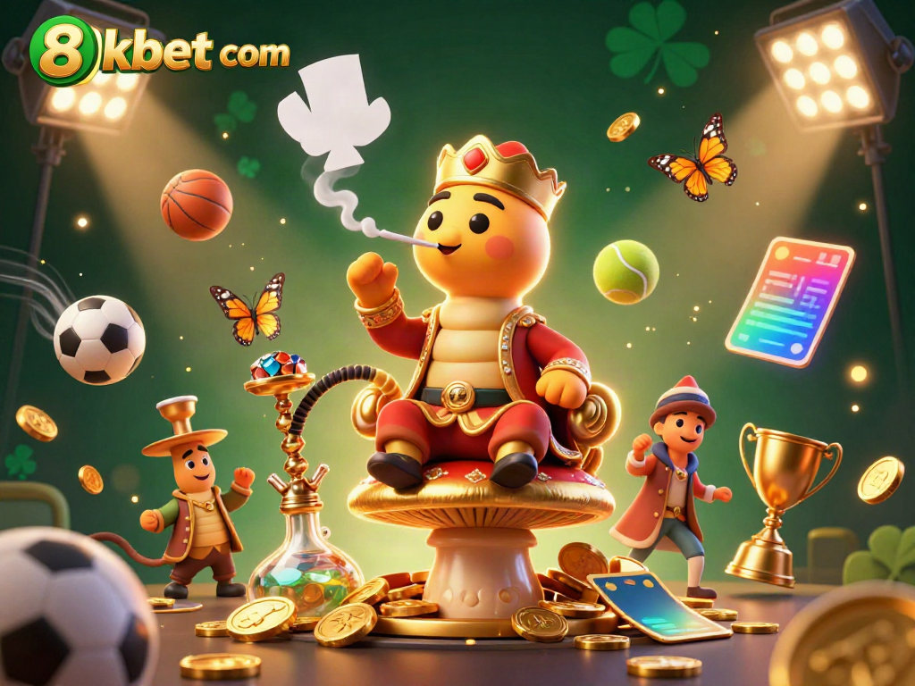 Engage with dynamic betting action at 8xbet com as colorful sports elements surround a whimsical caterpillar character.