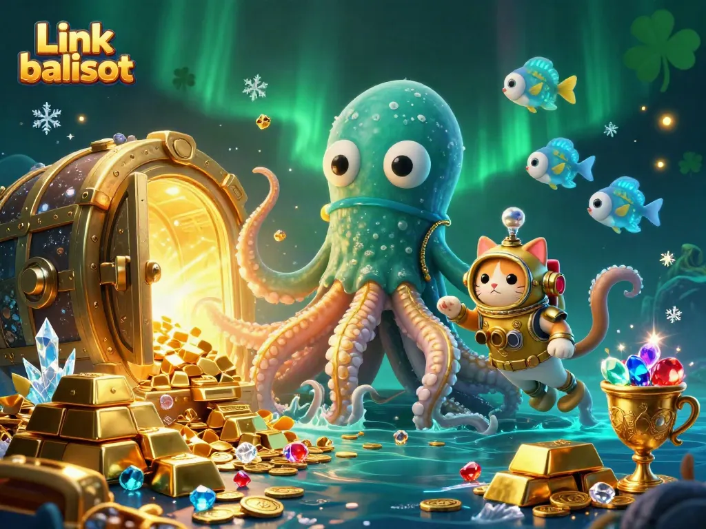 Experience high-stakes gaming action with Link balislot featuring a colossal kraken and diving cat amidst treasure.