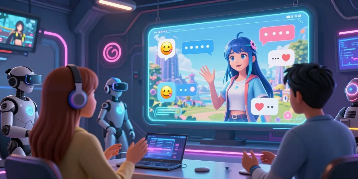 Interactive AI chat hentai scene with vibrant avatars and holographic displays, showcasing playful dialogue.