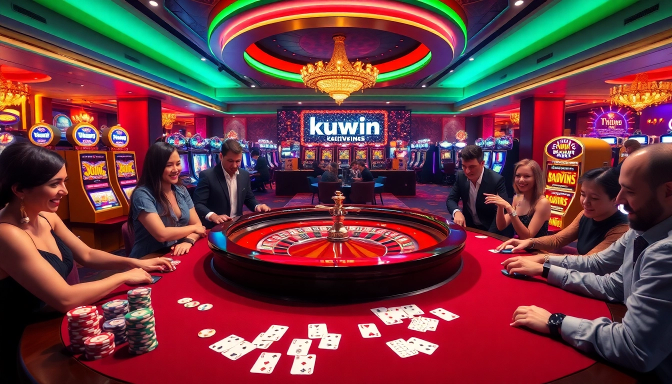 Kuwin casino scene featuring players at the roulette table with vibrant poker chips.