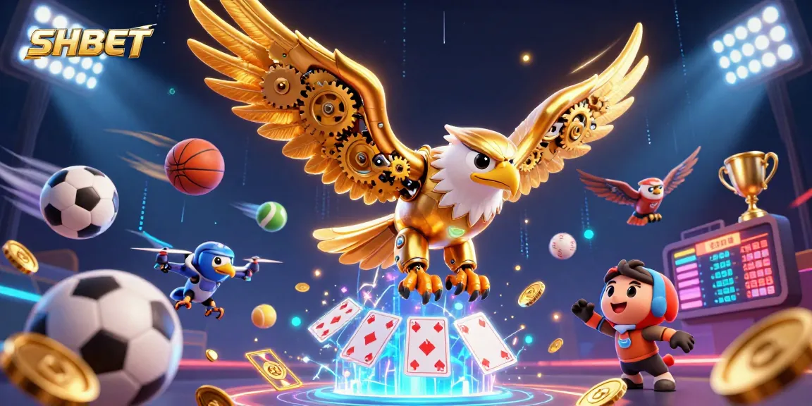 Experience thrilling moments at SHBET with a cybernetic eagle soaring over vibrant casino games and sports.