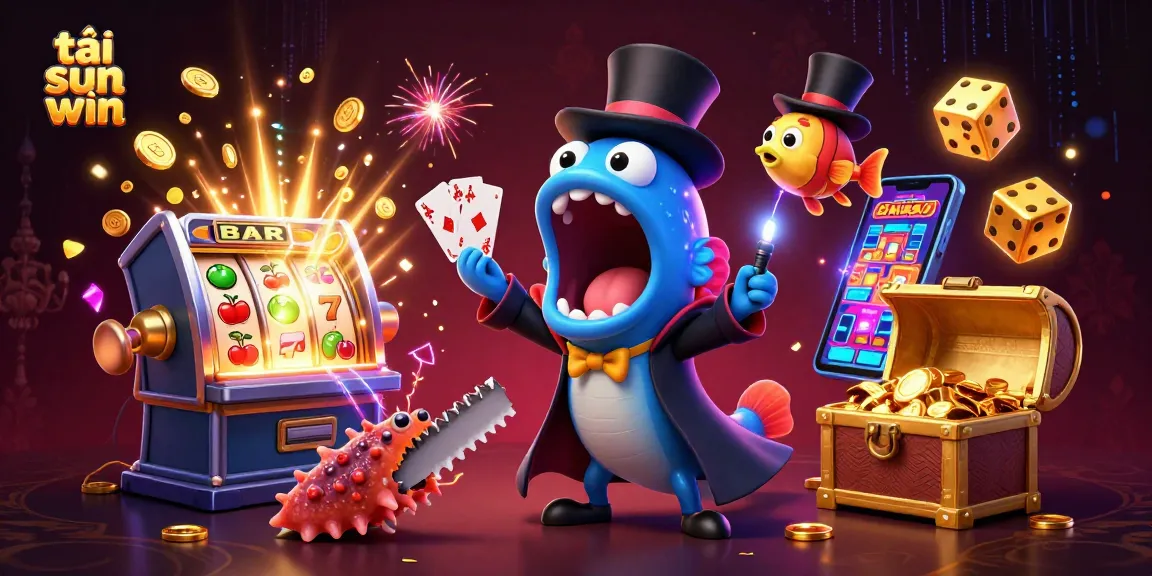 Tải sun win and enjoy thrilling card tricks from a magician eel under the spotlight in a lively casino scene.