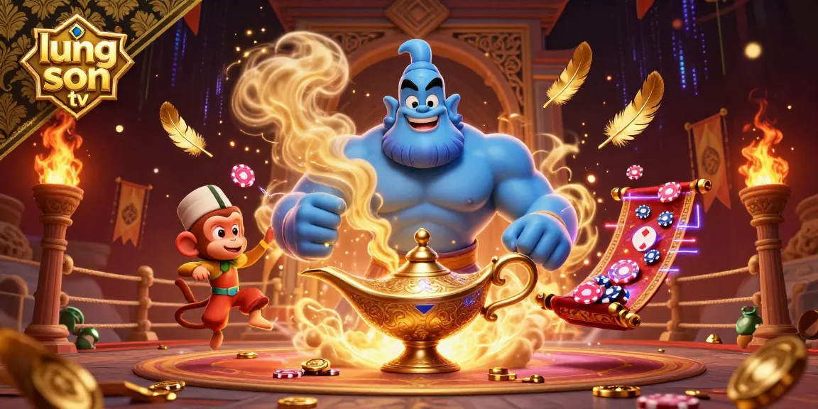 Experience the excitement of lương sơn tv with a vibrant 3D illustration of a genie, poker chips, and a magic carpet.