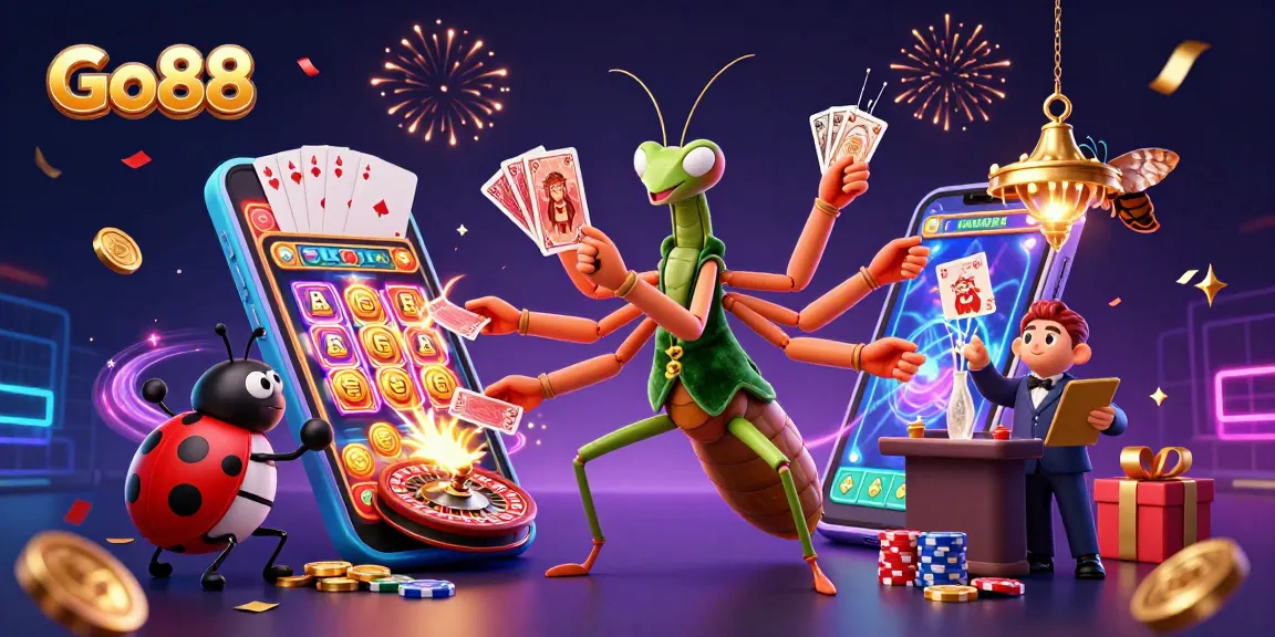 Experience the excitement at Go88 with a vibrant 3D casino scene showcasing card games and slot machines.