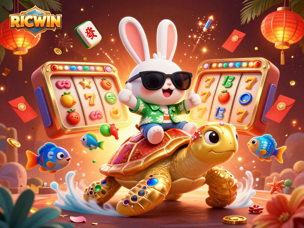 Experience the thrill of RICWIN with an engaging 3D scene featuring luck and vibrant casino elements.