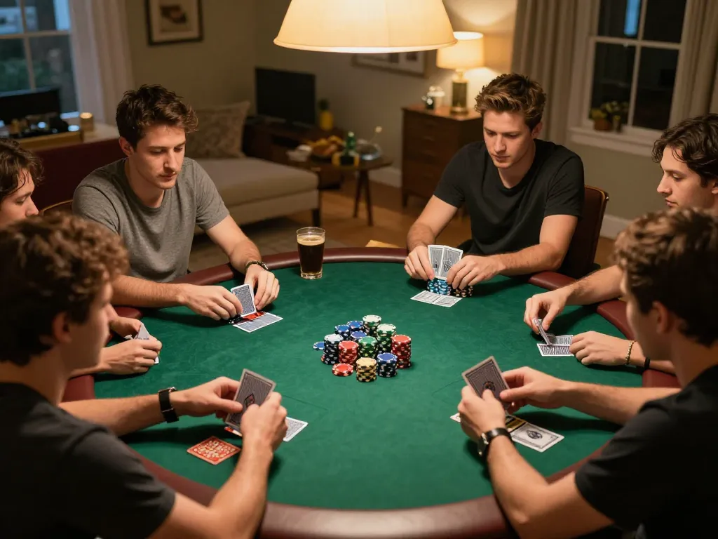 Players strategizing over a poker game at home, highlighting gg88 environment and social interaction.