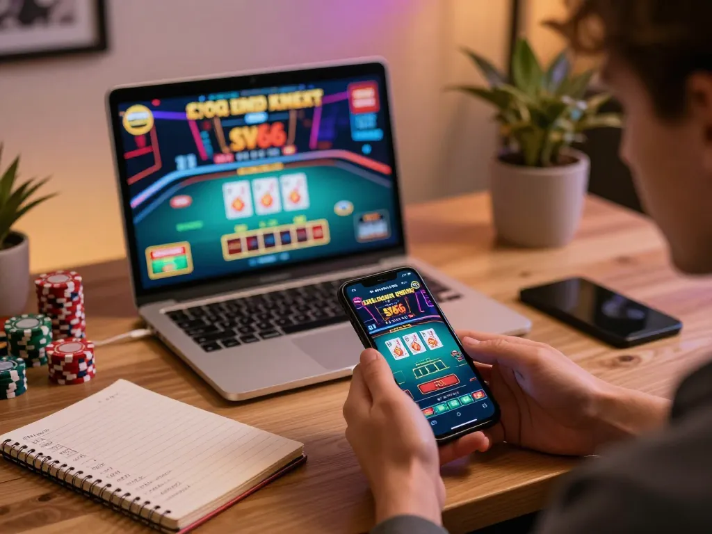 Engaging moment using the SV66 casino app on a smartphone while surrounded by strategy notes.