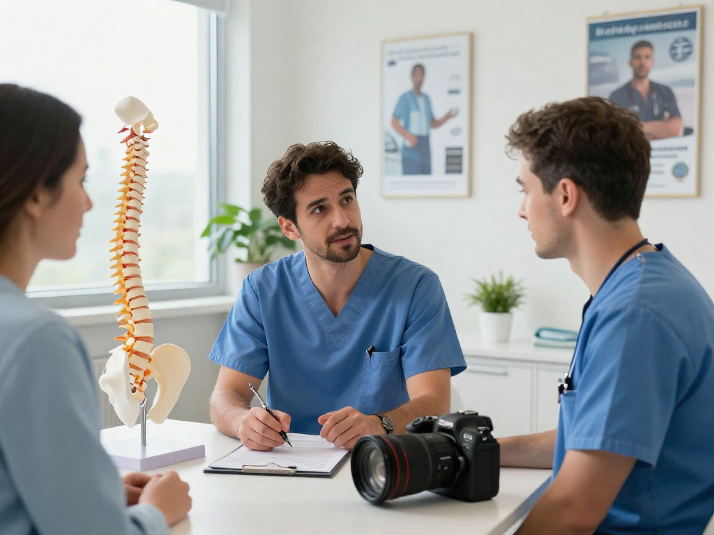 Bel fıtığı ameliyatı consultation scene with spine surgeon and patient in modern healthcare office.