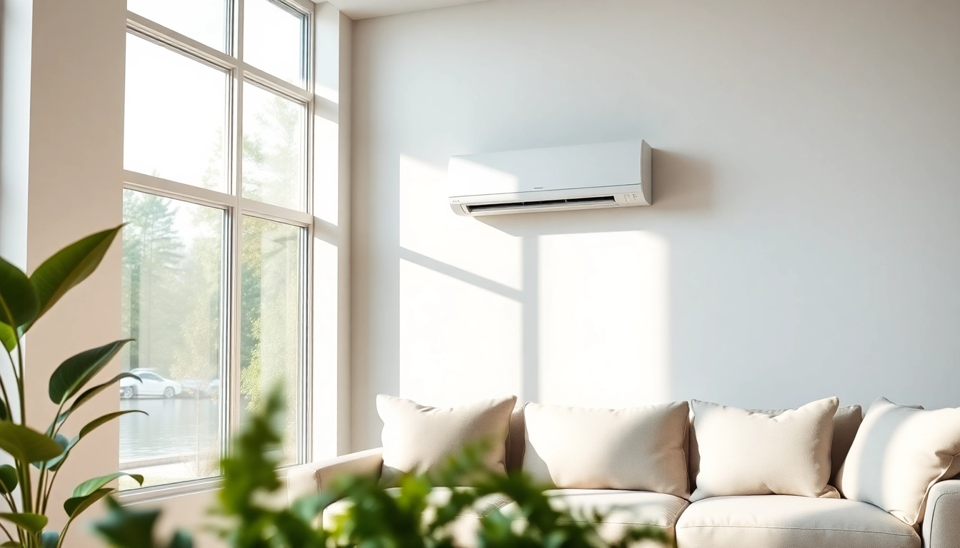 Showcase a Mitsubishi mini split AC unit in a stylish living room designed for comfort.
