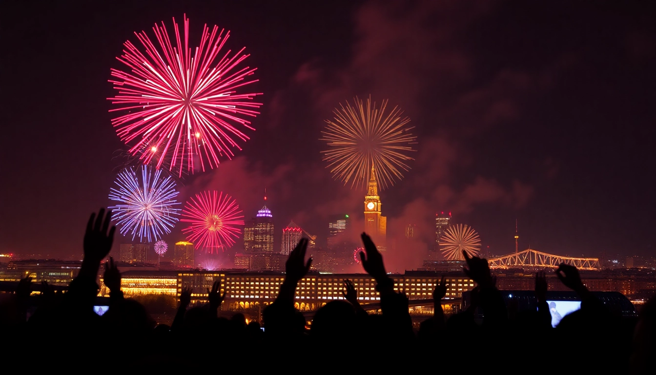 Buy fireworks Manchester with a stunning vibrant display lighting up the night sky above the cityscape.