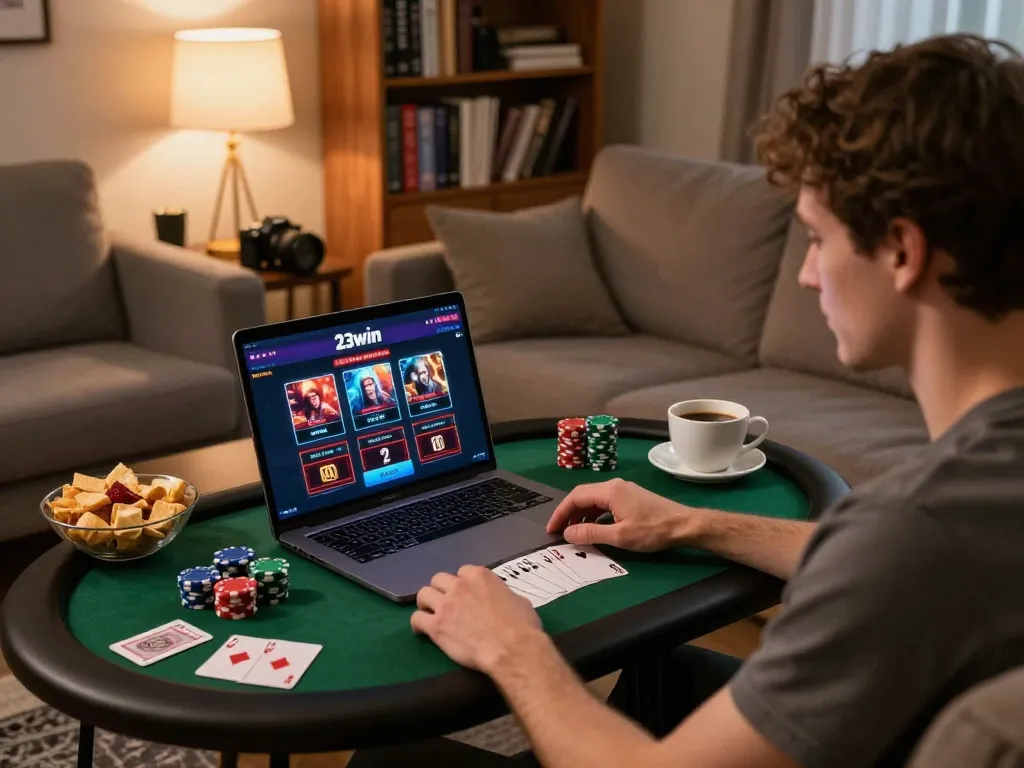Engaging home gaming scene featuring 23win casino interface on a laptop.