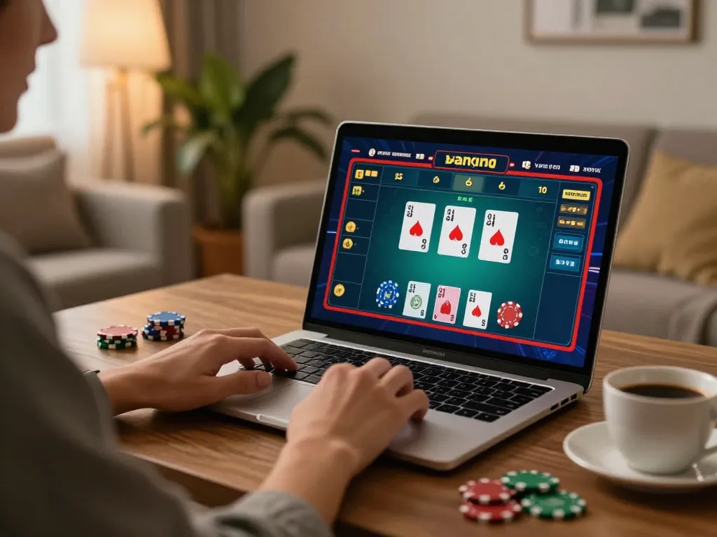 Player engaging in RR88 live dealer game on laptop at home setting with warm ambiance.