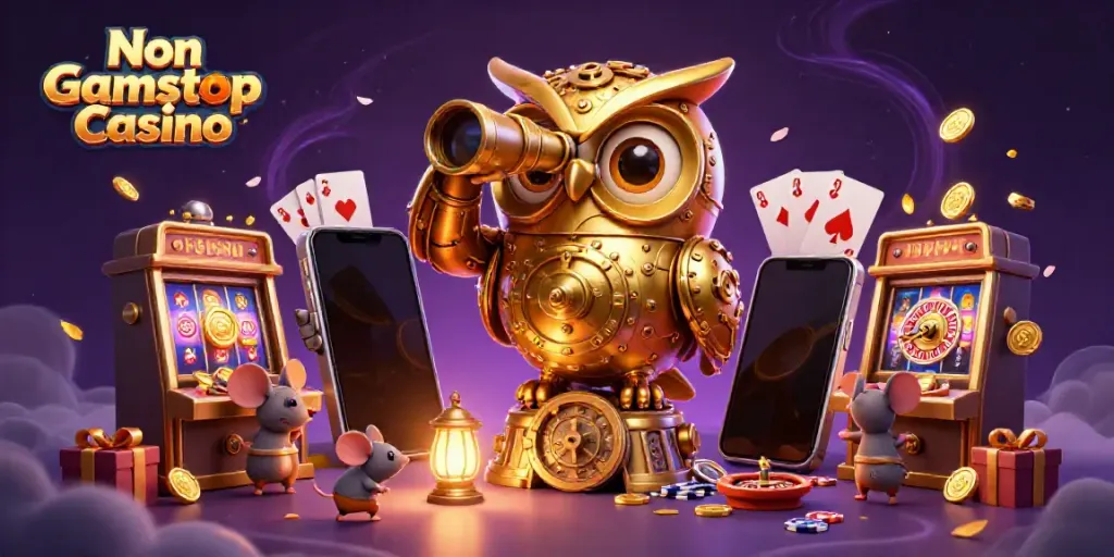 Engage in thrilling gameplay at a Non Gamstop Casino with vibrant slot games and animated characters.