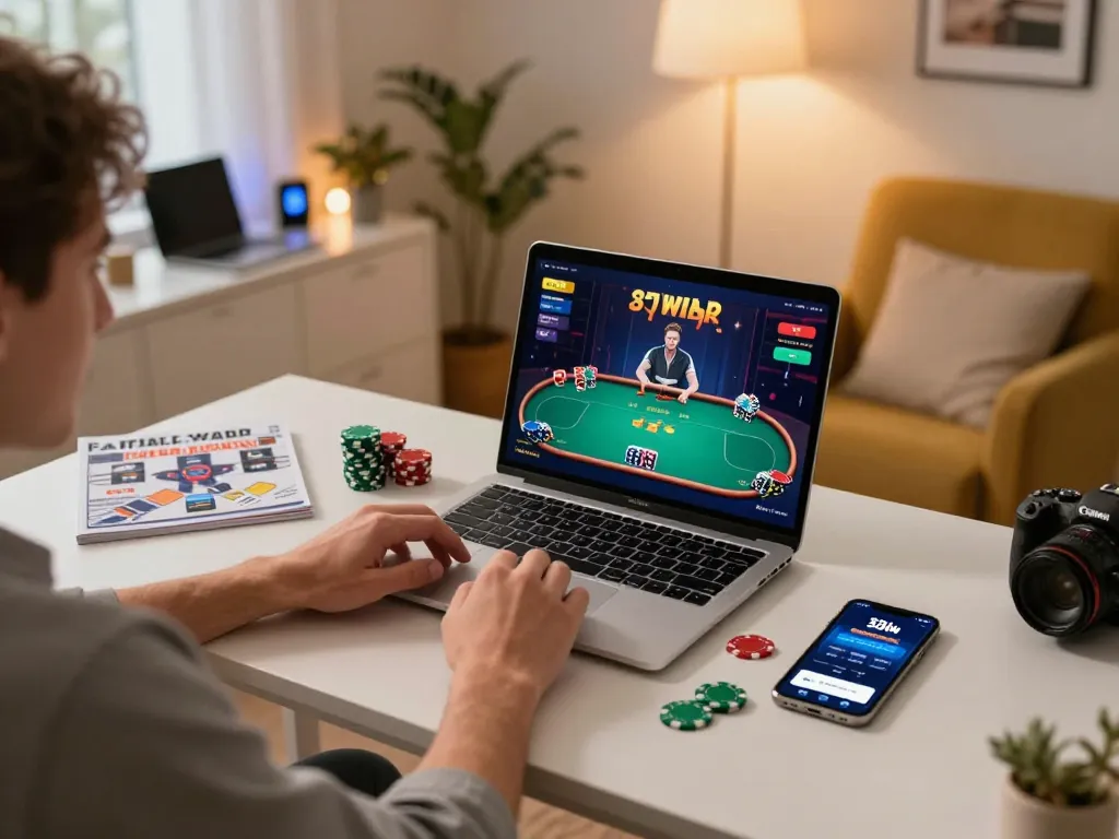 Enjoying an exciting poker game using 33win on a laptop in a stylish home office setting.