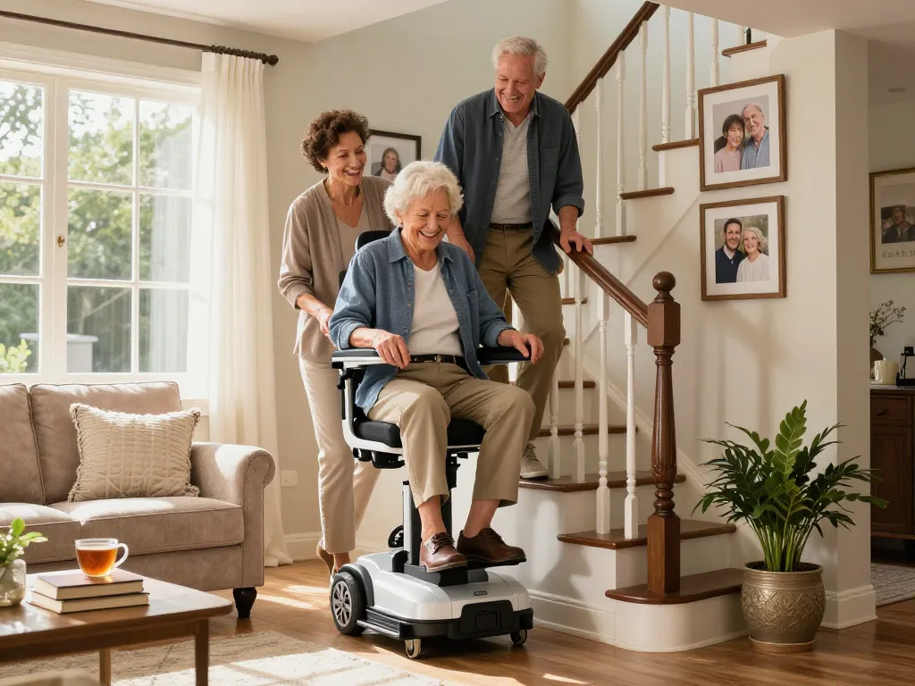 Comfortable stairlift in a warm home setting with an elderly person.