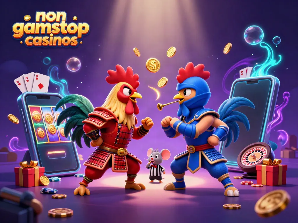 Engaging illustration of non gamstop casinos featuring twin roosters in a gambling showdown, dynamic casino elements.