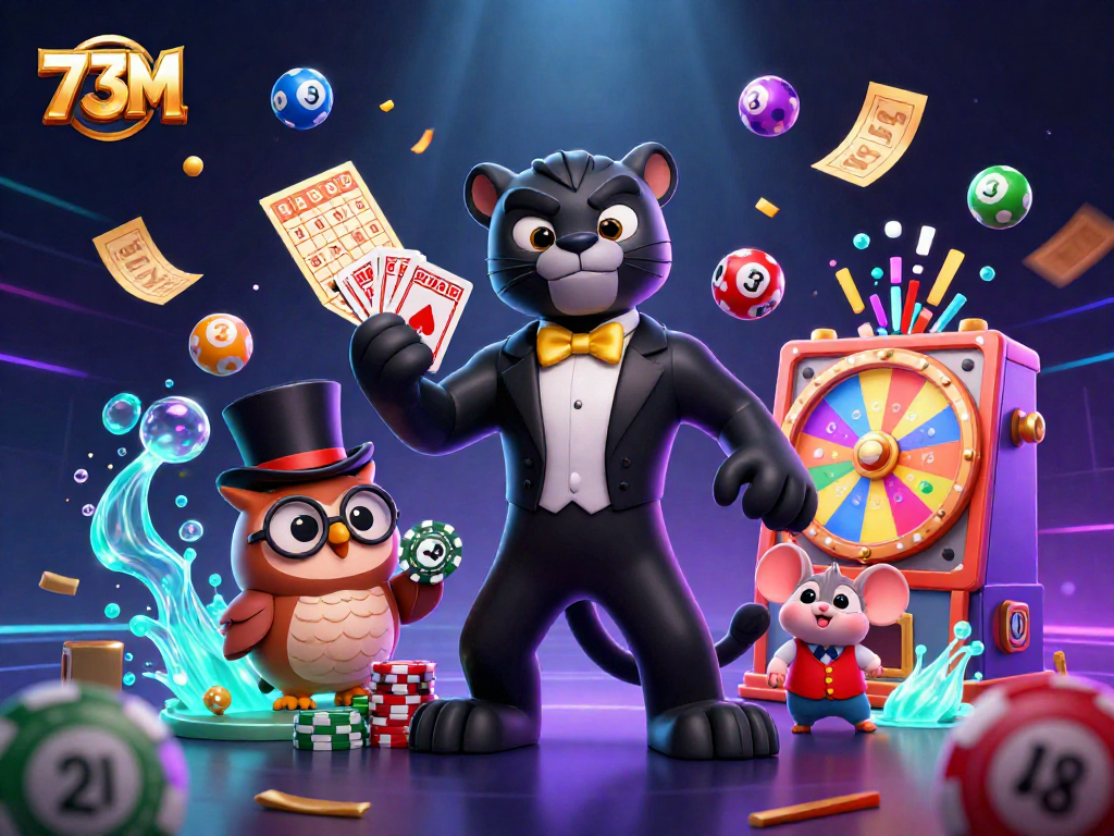 73M ganha destaque em uma ilustração vibrante de cassino com personagens e elementos de jogos de azar.
